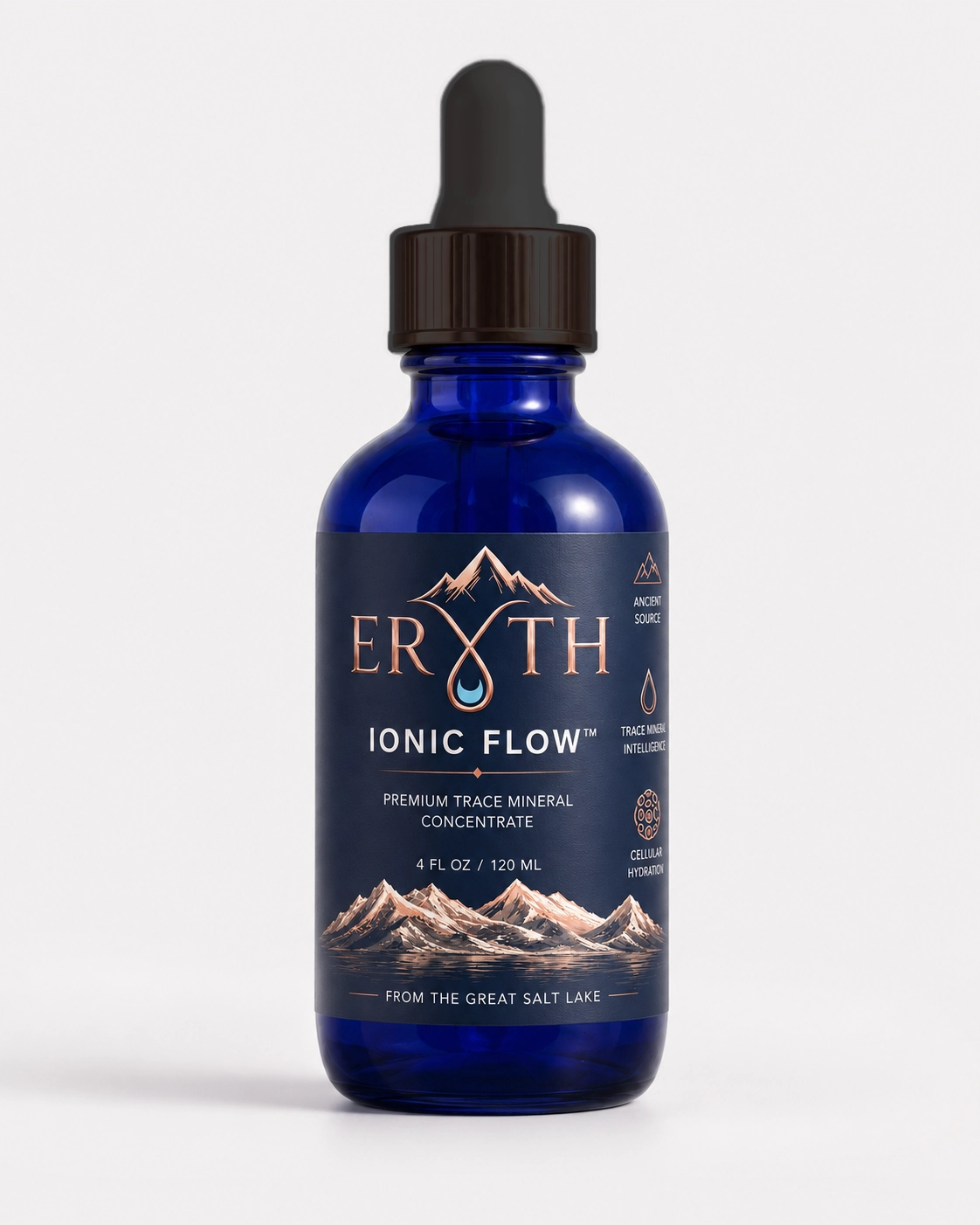 ERYTH Ionic Flow, formulated with SolarSea 100 — Trace Minerals for Hydration & Balance ERYTH Ionic Flow dropper bottle, 4 fl oz / 120 mL, formulated with SolarSea 100 from the Great Salt Lake — Trace Minerals for Hydration & Balance